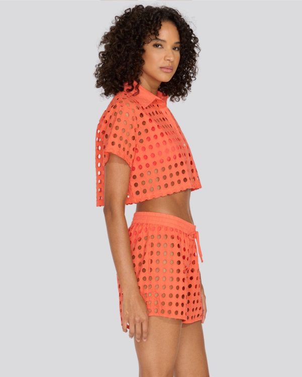 Eyelet Cropped Cabana Shirt Hot Coral Hot on Sale