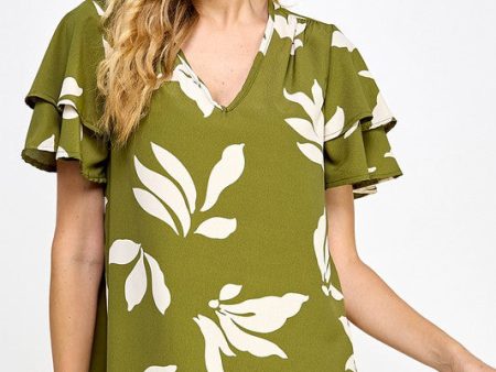 Olive Abstract V Neck Top For Discount