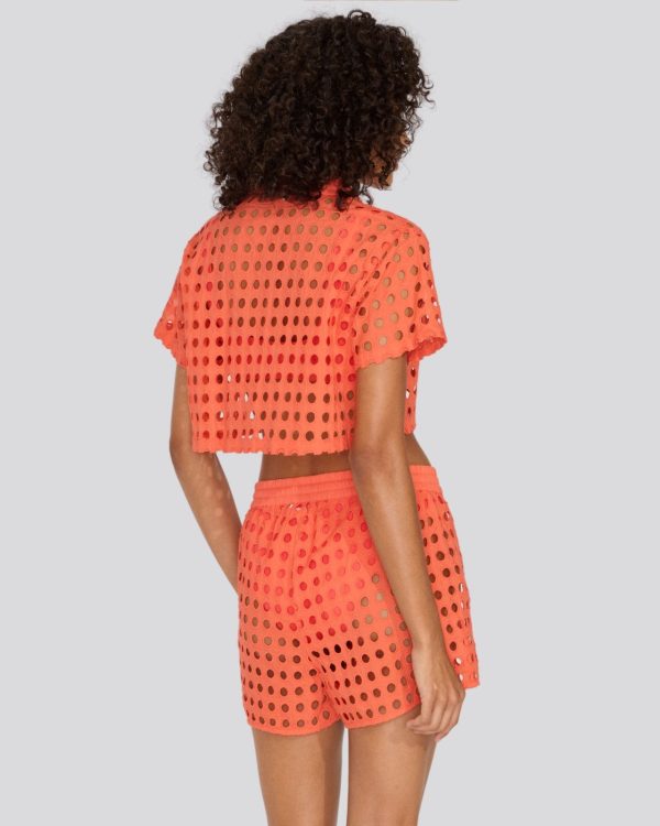 Eyelet Cropped Cabana Shirt Hot Coral Hot on Sale