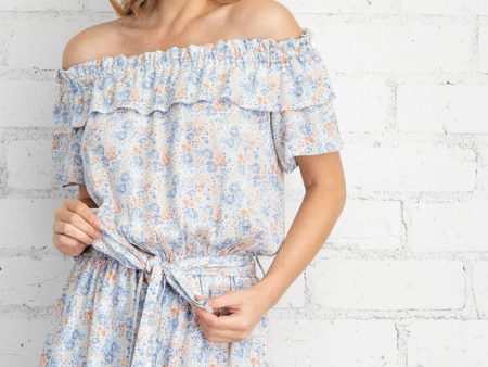 Ditsy Printed Off Shoulder Romper Lt Blue Multi Online Hot Sale