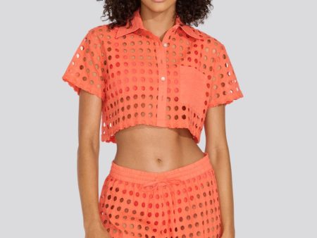 Eyelet Cropped Cabana Shirt Hot Coral Hot on Sale