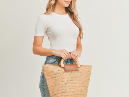 Woven Straw Bag with Wood Handles Taupe Online Sale